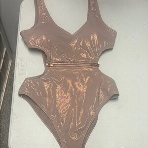 Shimmery Rose-Taupe Cutout One-Piece Swimsuit with Zip Waist